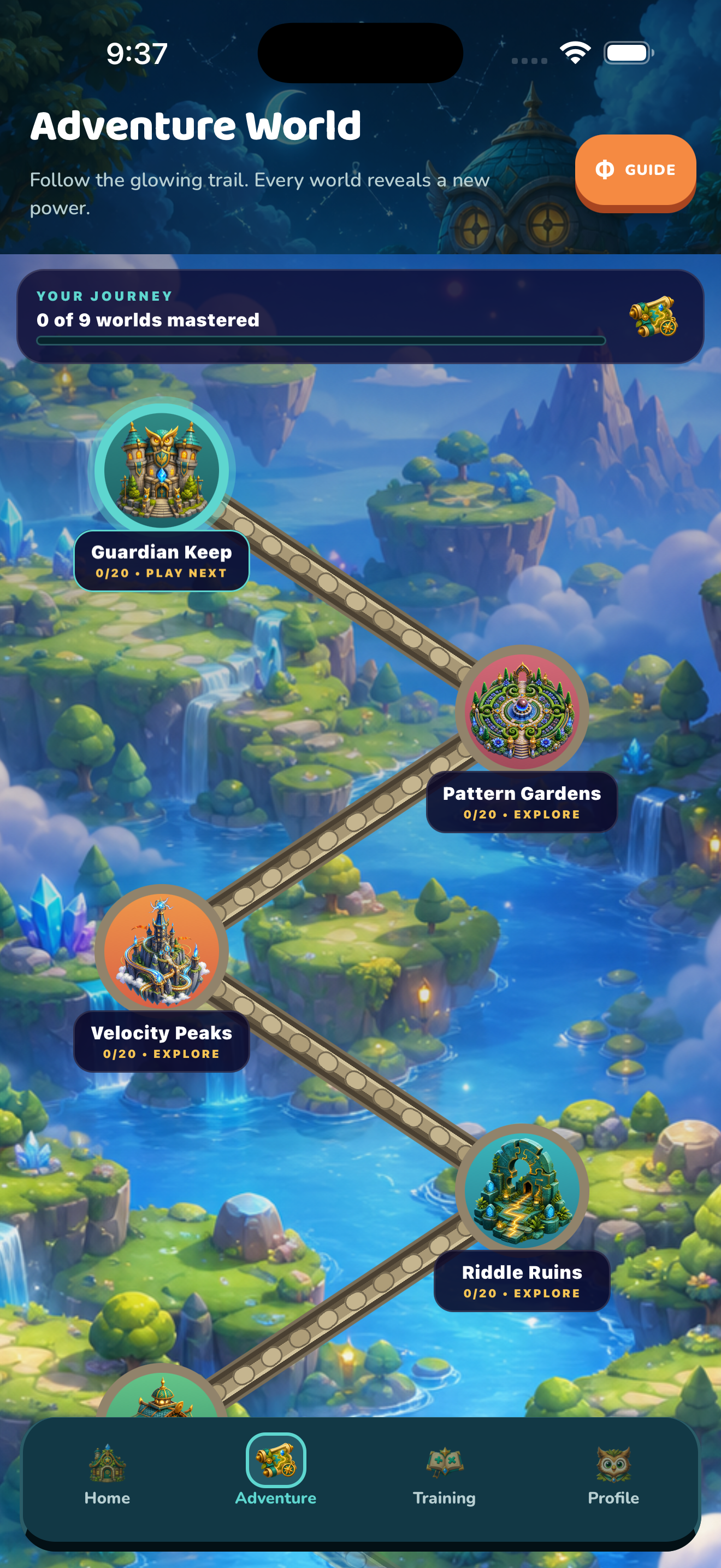 PhiloMath Adventure World map on an iPhone
